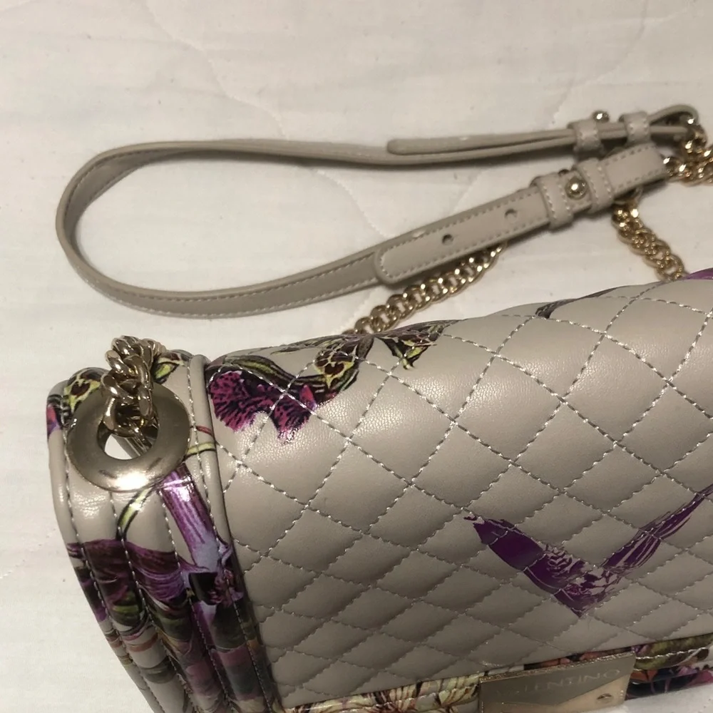 Valentino Quilted Floral Leather Shoulder Bag in Cream & Purple